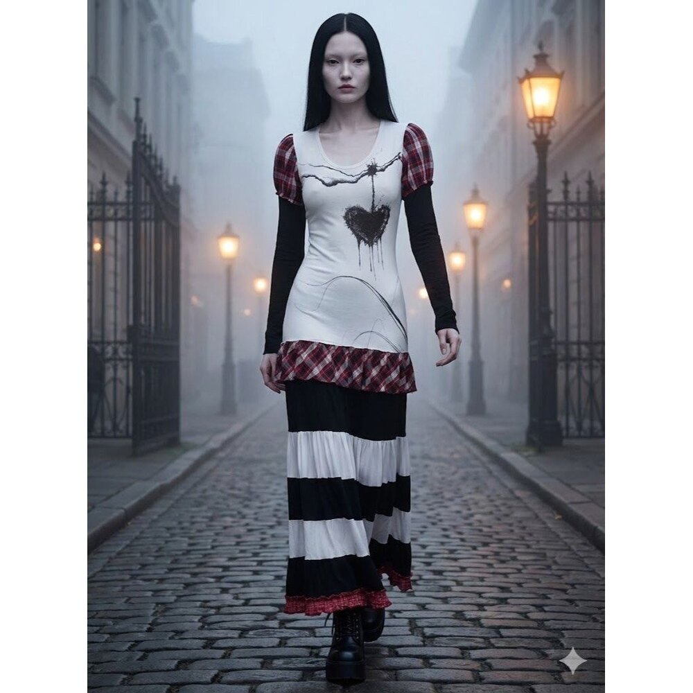 Nuvula Drop Waist Maxi Dress Medium Striped Plaid Dark Cabaret Goth Cello Art
